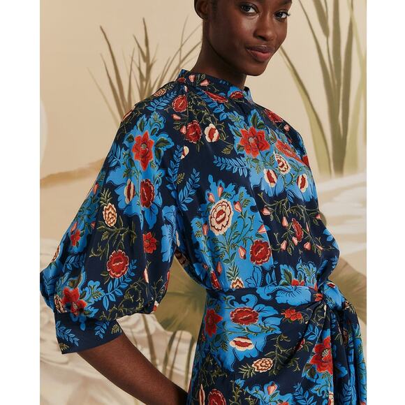$298 NWT FARM RIO Blue & Red Arabesque Floral Midi Dress –  Medium - Picture 10 of 15